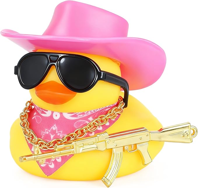 BOZILY Cowboy Rubber Duck Car Decor with Gold AK Gun, Sunglasses & Bandana, Funny Dashboard Accessories for Cars, Office, Home, Small Rubber Ducks for Birthday Gift(Pink Hat)