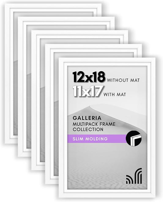 Americanflat 12x18 Poster Frame with Polished Plexiglass - Set of 5 - Use as 11x17 Frame with Mat or Display 12x18 Photo Without Mat - Galleria Collection - Picture Frames for Wall Display - White