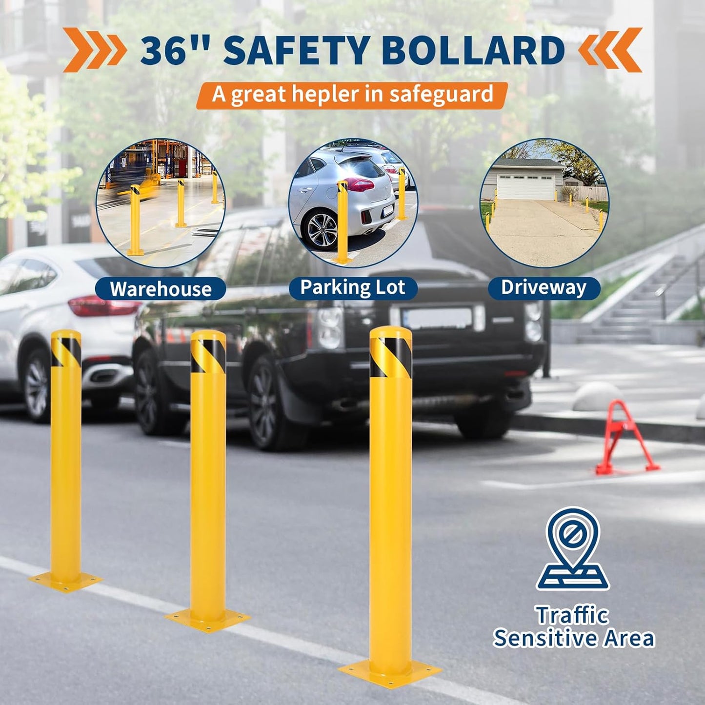 4.5x48 Inch Safety Bollard Post - Yellow Steel Bollard with Anchor Bolts (2-Pack) for Parking Lots, Walkways & Traffic Areas