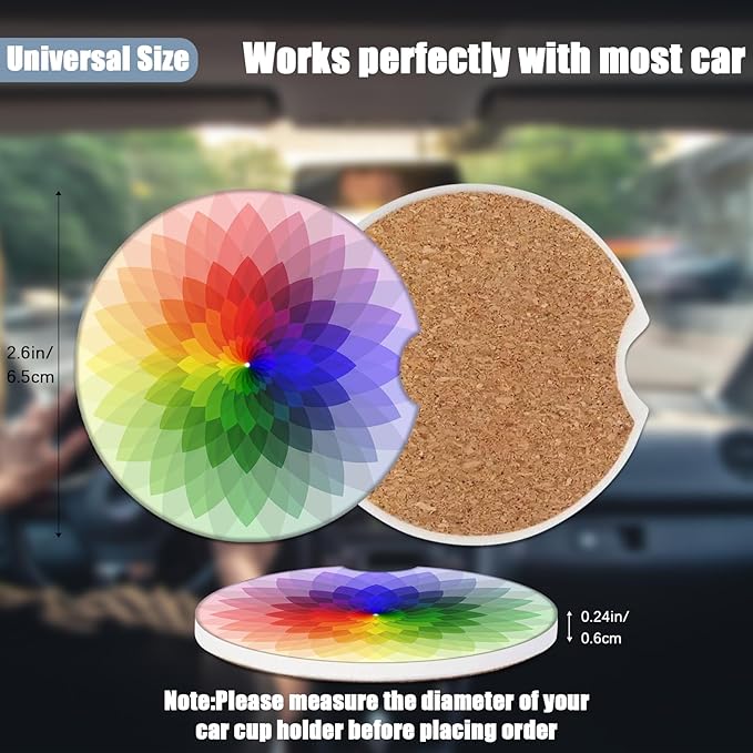 Car Cup Holder Coaster - Rainbow Flower Absorbent Ceramic Coaster 2 Pack, Car Coasters for Cup Holders, Fashion Car Interior Accessories Drink Coaster for Women & Men