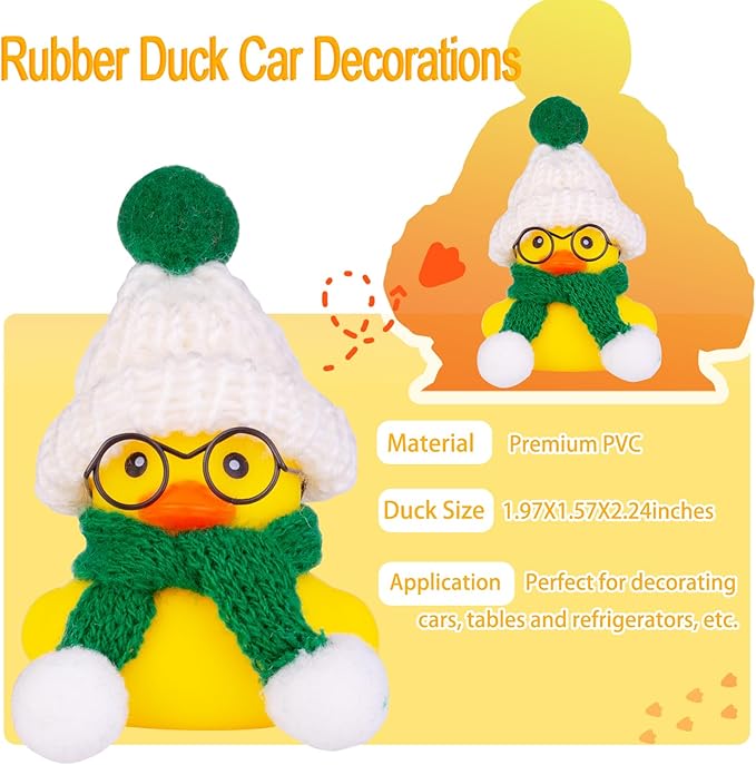 Car Rubber Duck Ornament Winter Duck Car Dashboard Decoration Accessories with Mini Beanie Hat Sunglasses Necklace or Bow(E2)