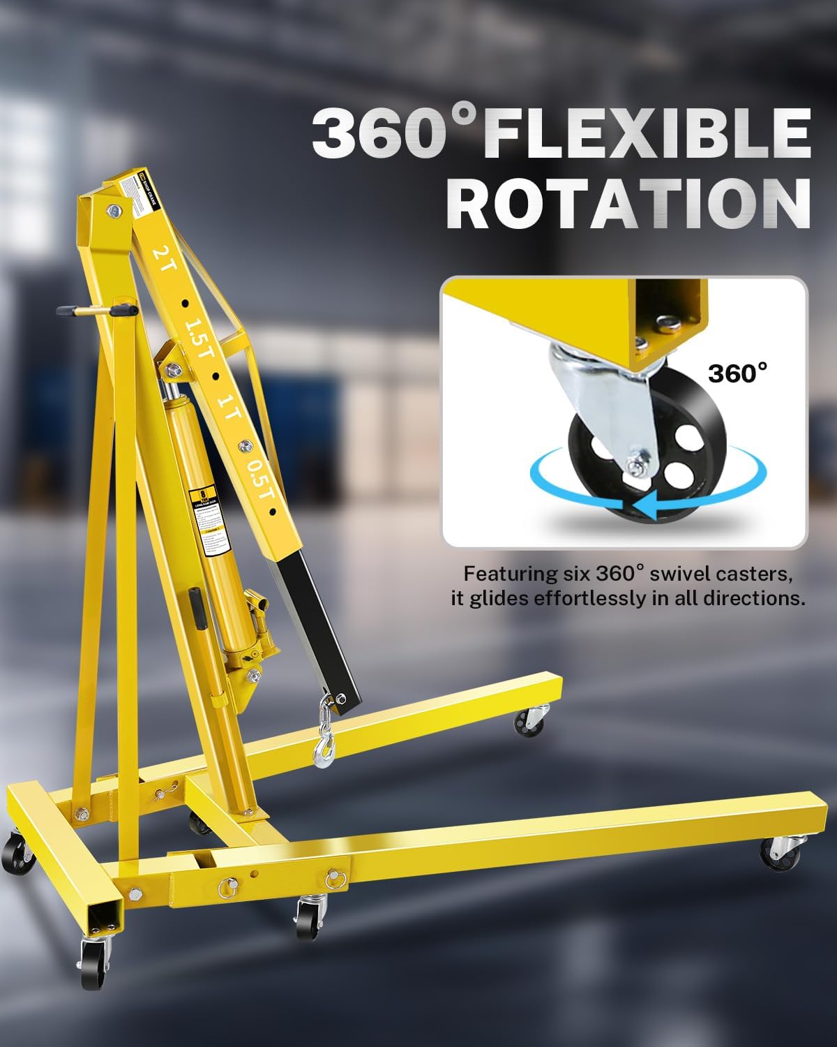 2-Ton Folding Engine Hoist with Lever, Hydraulic Shop Crane with 6 Swivel Wheels & Adjustable Boom (0.5T-2T), Heavy-Duty Cherry Picker for Garage, Workshop, Truck, Farm (Net Wt. 168 lbs)