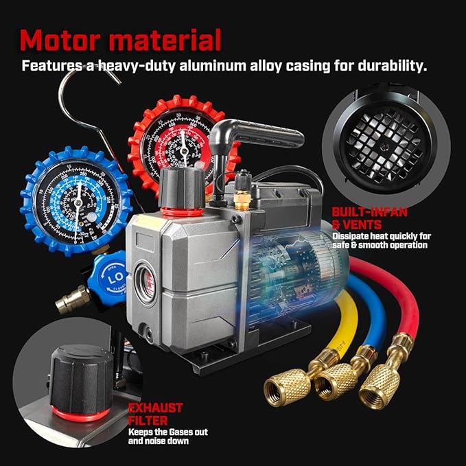 XtremepowerUS Vacuum Pump R134a R22 R32 R410A A/C Refrigeration with Manifold Gauge Can Tap Set Carrying Bag (Gen2, 3.5 CFM)
