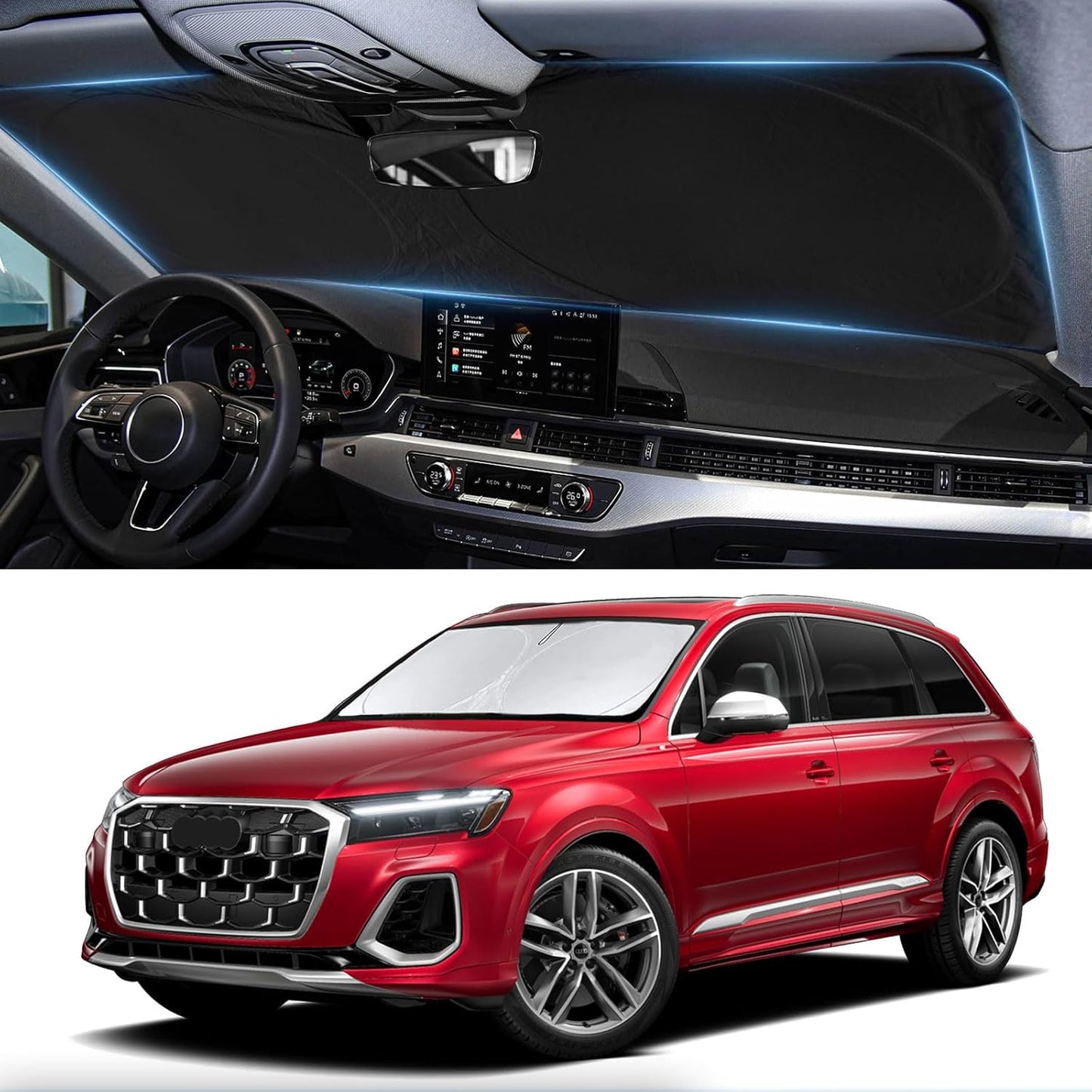 Custom fit Audi Q7 Windshield Sunshade for 2016-2023 2024 2025 2026 Audi Q7 SUV Shades Cover for Windshield Sun Visor Screen Protector 210T Reflective Blocks UV Rays Cool Car Accessories