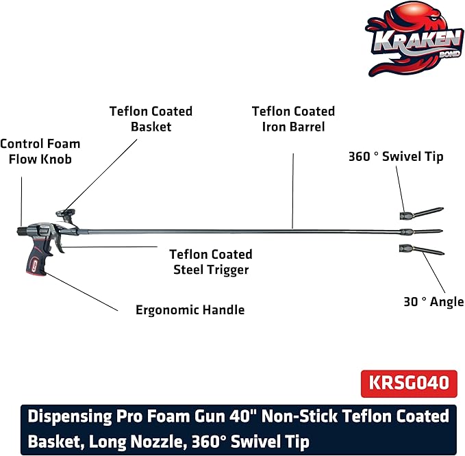 Kraken Bond PRO Foam Gun - 40" (3.3 ft) - 1 Pack - Non-Stick Teflon Coated, Long Nozzle, 360° Swivel Tip Foam Gun - Ideal for Contractors and DIY Enthusiasts