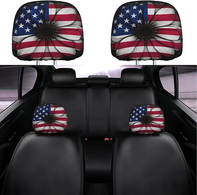 Dujiea 2 Pack American Flag Daisy Car Headrest Covers, Universal Soft Car Seat Head Rest Cover Protector, Vehicle Accessories Fabric Headrest Cover for Cars Vans Trucks