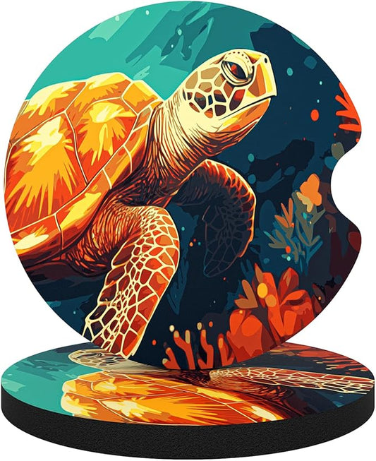Car Cup Holder Coasters, 2 Pack Universal Auto Anti Slip Insert Coaster with A Finger Notch, Cute Car Assecories for Women Men, Cup Mat for Most Interior, Turtles