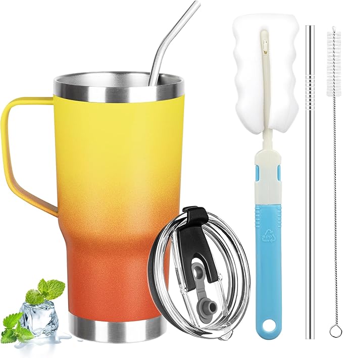 20 oz Tumbler with Handle, Stainless Steel Insulated Tumbler with Lid and Straw, Double Wall Vacuum Insulated Coffee Mug Tumbler, Insulated Coffee Thermal Cup for Cold and Hot (Yellow Orange)