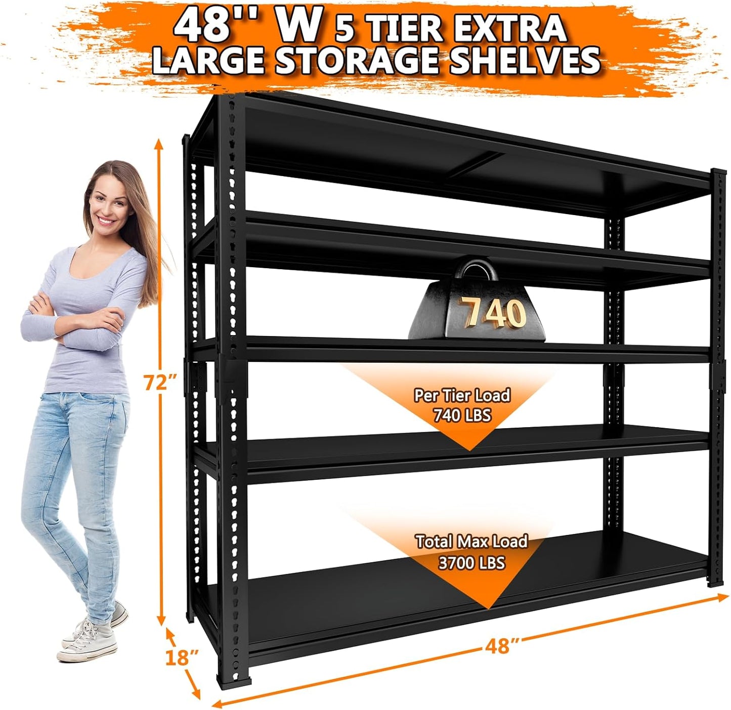 Storage Shelves Heavy Duty, 48"L x 18"W x 72"H Garage Storage Shelves Unit Loads 3700LBS, 5-tier Adjustable Metal Industrial Utility Shelf Rack for Kitchen, Laundry Room, Pantry, Warehouse, Basement