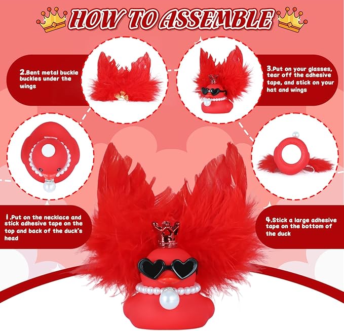 Car Ducks Rubber Duck Car Ornaments, Red Angel Feather Duck with Crown, Sunglasses, Red Wings & Pearl Necklace, for Women, Office, and Home Decor
