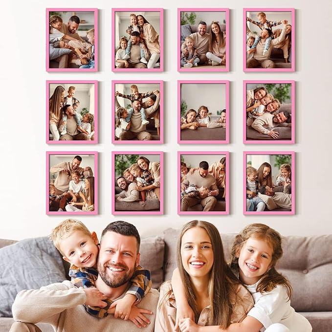 Renditions Gallery Set of 12, 8X10 Custom Photo Prints with Real Wood Picture Frames. Create Personalized Photos with Peel & Stick Photo Frames. Pink Frame