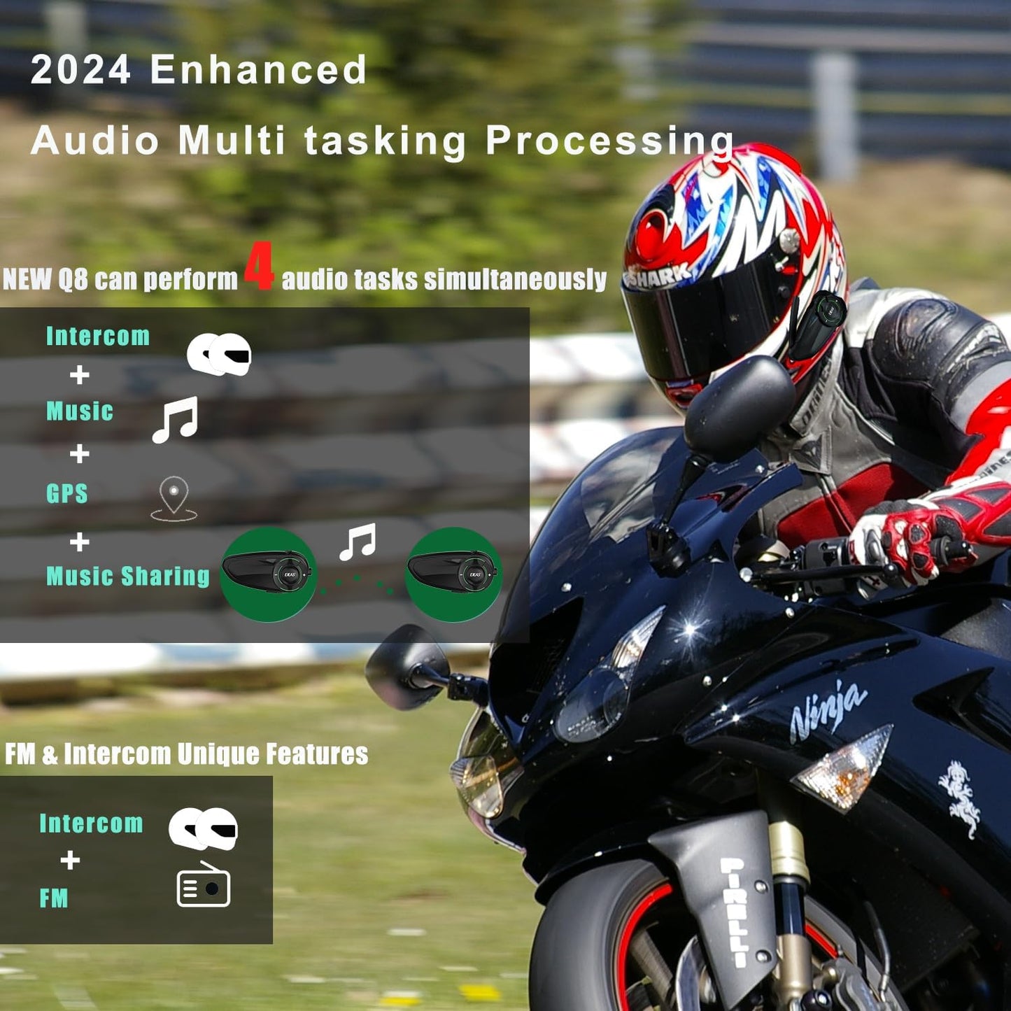 Q8 Motorcycle Helmet Bluetooth Intercom Headset, 230hours Standby, 6 Riders Mesh Communication Systems with Audio Multitasking, Music Sharing, Noise Cancellation, FM Radio, Loud Interphone -1 Pack