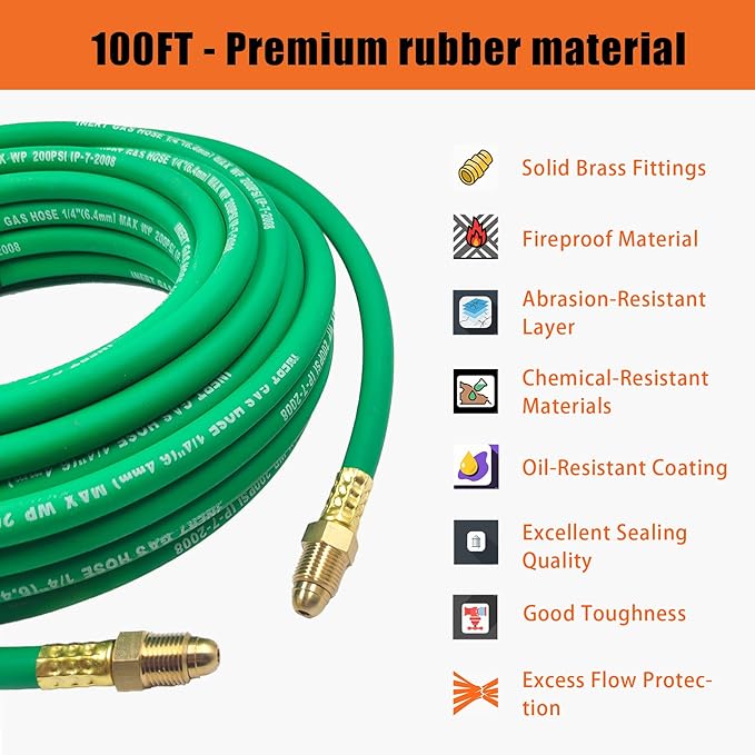 100FT Argon Gas Hose, Inert Gas Welding Hoses for MIG/TIG Welding Regulator，Argon/CO2 Flowmeter Regulator Hose, 5/8" UNF-18RH, NPT Fittings, Welding Accessories for MIG/TIG Welder