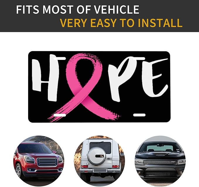 Front License Plate Breast Cancer Hope Vanity Plates Aluminum Metal Decorative Car Tag Novelty License Plate Cover for Men Women ‎6 * 12 in (4 Holes)