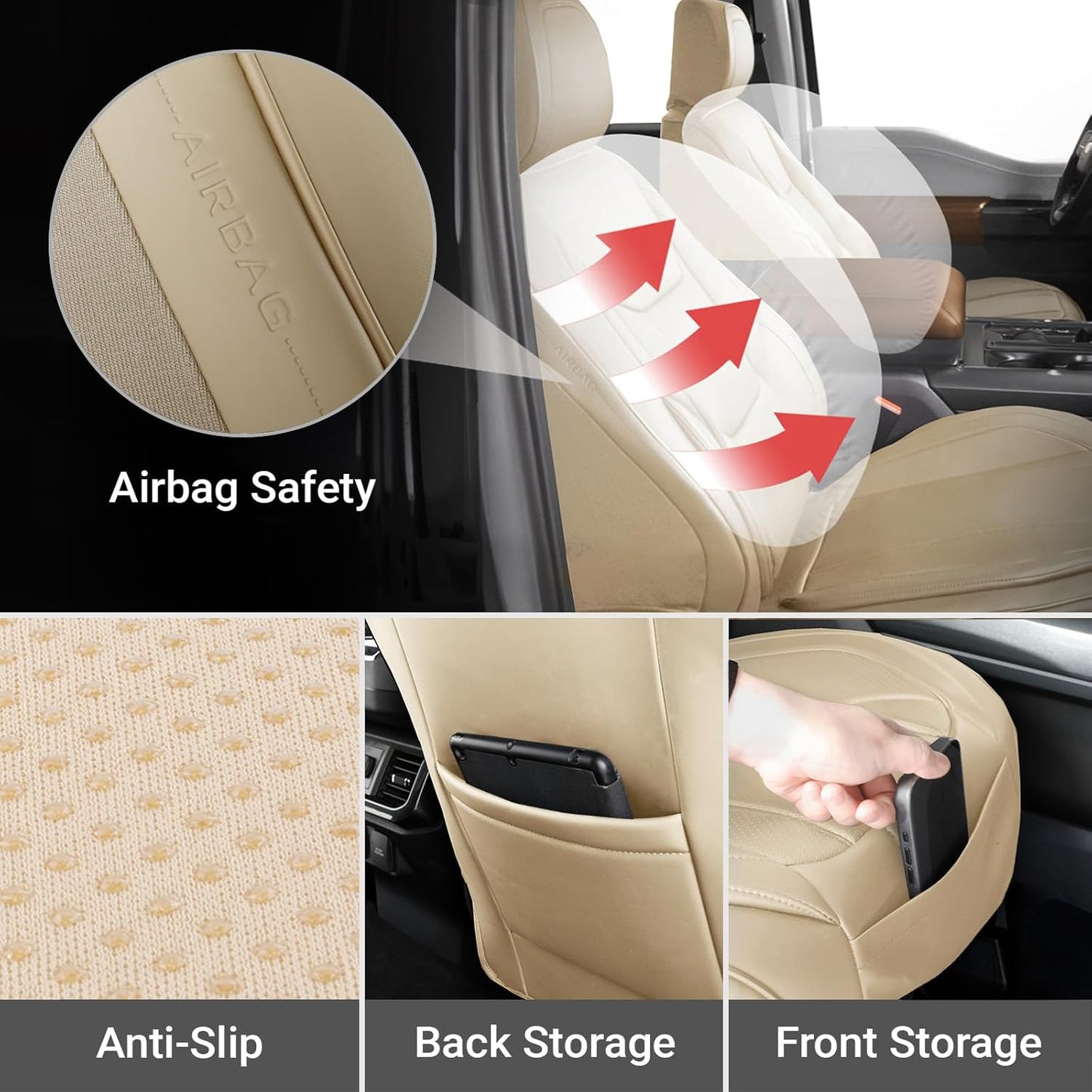 Coverland Custom Car Seat Covers Compatible with F150, Frontier, Sierra, Silverado 2500HD - Premium Leather Non-Slip Waterproof Interior Protector Front Seat-Beige [See Size Chart-Size A12]