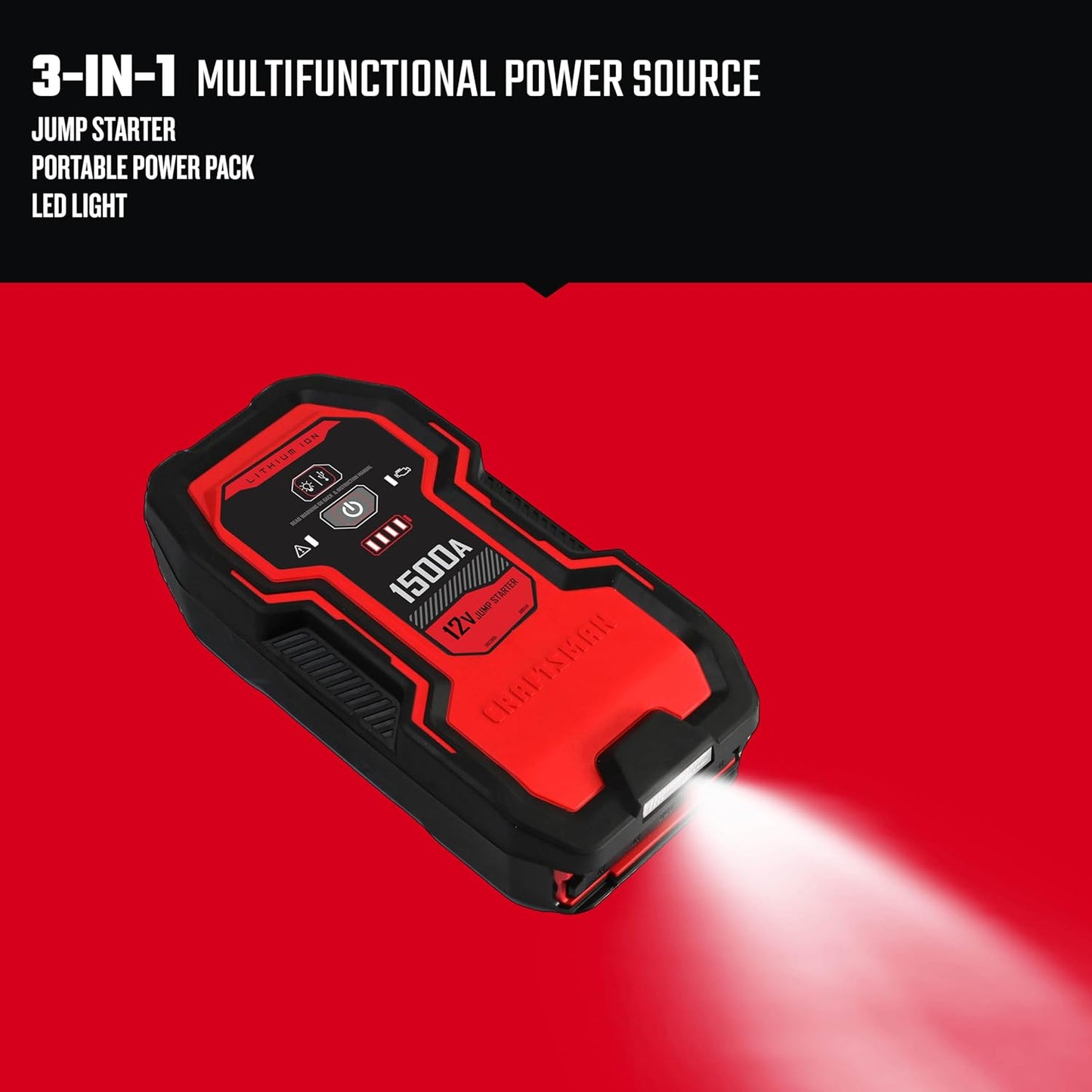 CRAFTSMAN Lithium Jump Starter and Portable Power Pack, CMXCESM264, 3-in-1, 2.4 Amp USB Port, LED Light, 1500 Amps, 12 Volt, for Motorcycle, Car, SUV, Truck, and Marine Batteries