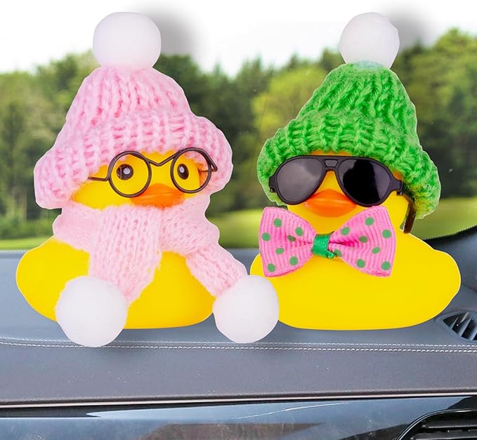 Car Rubber Duck Ornament Winter Duck Car Dashboard Decoration with Mini Beanie Hat Glasses and Scarf (E3)