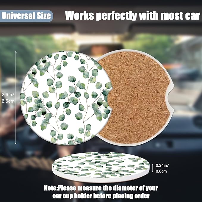 Car Cup Holder Coaster - Eucalyptus Round Green Leaf Absorbent Ceramic Coaster, Car Coasters for Cup Holders, Auto Accessories for Women & Men, Pack of 2