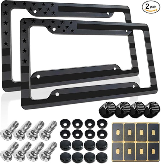 BGGTMO American Flag License Plate Frames- 2 Pack Black Grey Patriotic USA Aluminum Car Tag Holder Cover for Front Rear, with Screws Caps