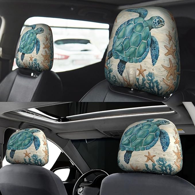 Dujiea 2 Pack Vintage Sea Turtle Starfish Car Headrest Covers, Universal Soft Car Seat Head Rest Cover Protector, Vehicle Accessories Fabric Headrest Cover for Cars Vans Trucks