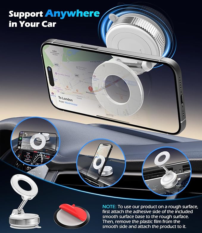 Car Phone Mount for Magsafe, 360° Adjustable Magnetic Phone Holder Foldable Suction Cup Phone Mount for Car/Gym/Mirror Mount for iPhone/Android, White