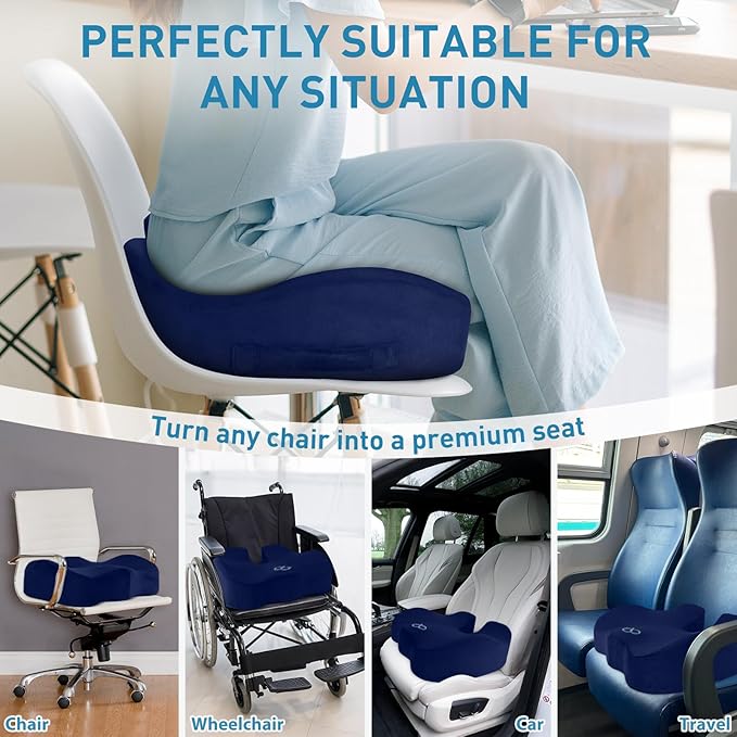 BlissTrends Seat Cushion,Thick Memory Foam Cushions for Office Chair, Car Seat, Airplane, Relieving Pressure Tailbone Sciatica Back Pain for Long Sitting Office Workers, Car Drivers 4.7in Thick Blue