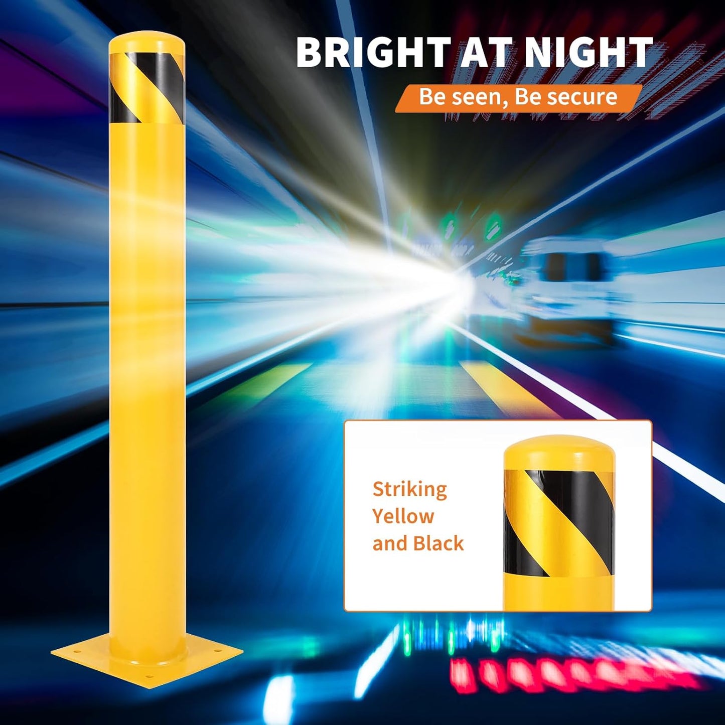 4.5x48 Inch Safety Bollard Post - Yellow Steel Bollard with Anchor Bolts (4-Pack) for Parking Lots, Walkways & Traffic Areas