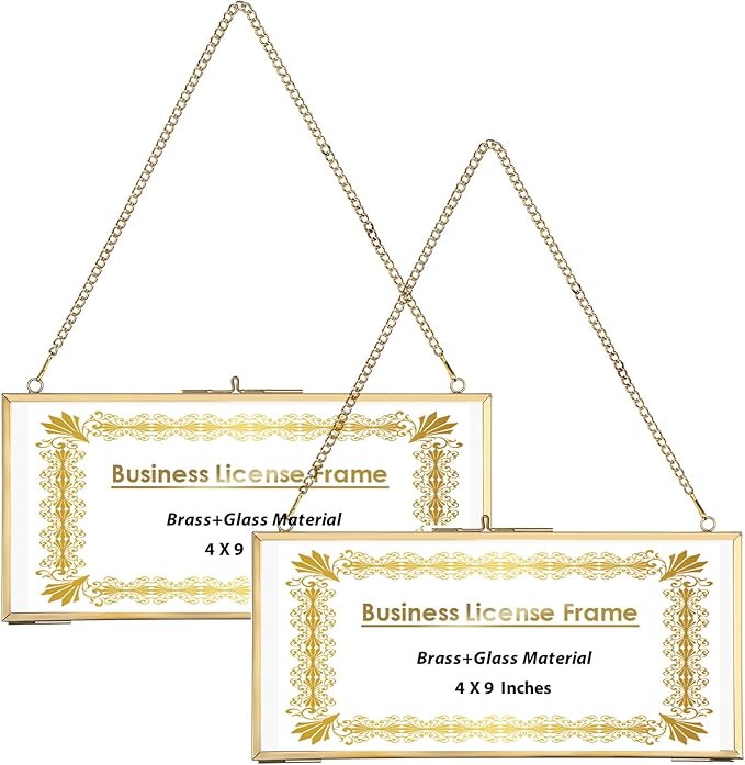 JUXYES 2 Pack Wall Hanging Business License Frame Brass License Certificate Display Frame, Double Glass Floating Diploma Frames, Wall Mount Golden Graduation Frames for 4x9 and 3.5x8.5 Certificate Business Licenses