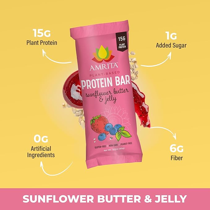 Amrita Nut Free Vegan Protein Bars (12 CT PK of 3) | Sunflower Butter & Jelly 15g Plant-Based Protein Bar | Peanut-Free, Gluten Free, and Dairy-Free | No Added Sugar, Healthy Snacks for Kids/Adults