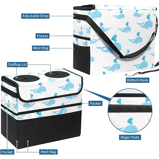 Car Trash Can White Blue Whale Fish Large Storage Garbage Can with Lid Hanging for Back Seat Leakproof Automotive Vehicle Trash Bin