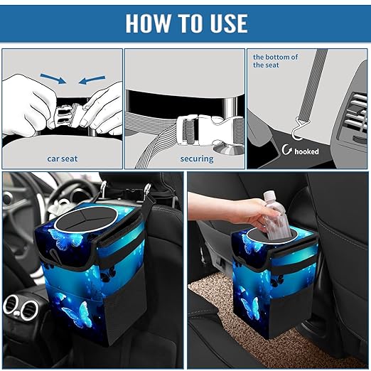 Blue Butterfly Glowing Car Trash Can with Lid, Collapsible Reusable Waterproof Garbage Can, Car Accessories Interior Organizer