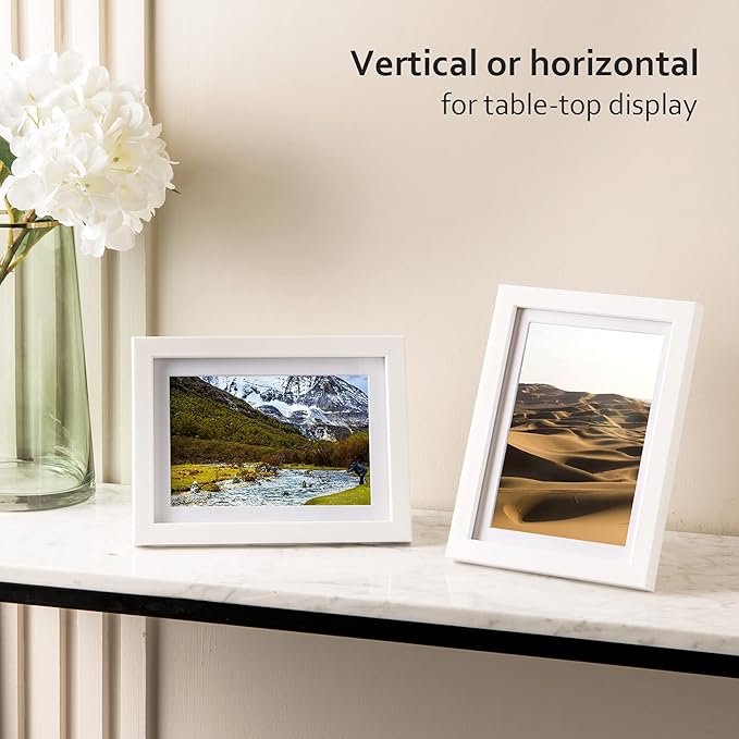 KINLINK 5x7 Picture Frame White Set of 6, Wooden Photo Frames Matted 4x6 with Plexiglass for 4x6 with Mat or 5x7 without Mat for Table and Wall Display