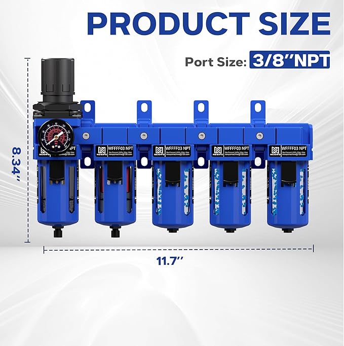 NEWPO 3/8" NPT 5 Stage Air Dryer for Compressor,Brass Filter&Coalescing Filter,Triple Desiccant Dryer Air Drying System,Air Pressure Regulator with Semt-Auto Drain (Blue)