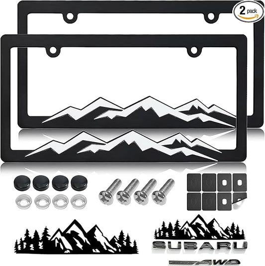 Mountain License Plate Frames - 2 Pack Plastic Car Tag Frame with 3D Mountain Design, White on Black, Included Mountain Vinyl Sticker, Screws & Caps