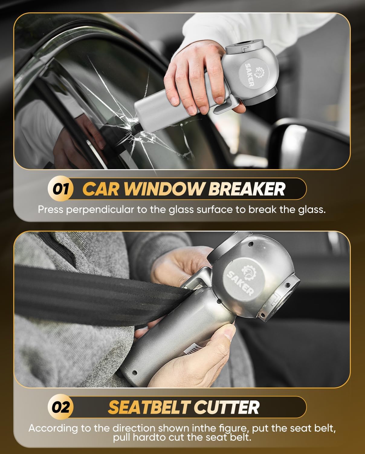 Saker Car Vacuum Portable 6-in-1 Handheld Cordless Vacuums, 20000PA Suction, 7800mAh Blower, Window Breaker, Seatbelt Cutter for Car, Home & Office Cleaning SW102 Silver