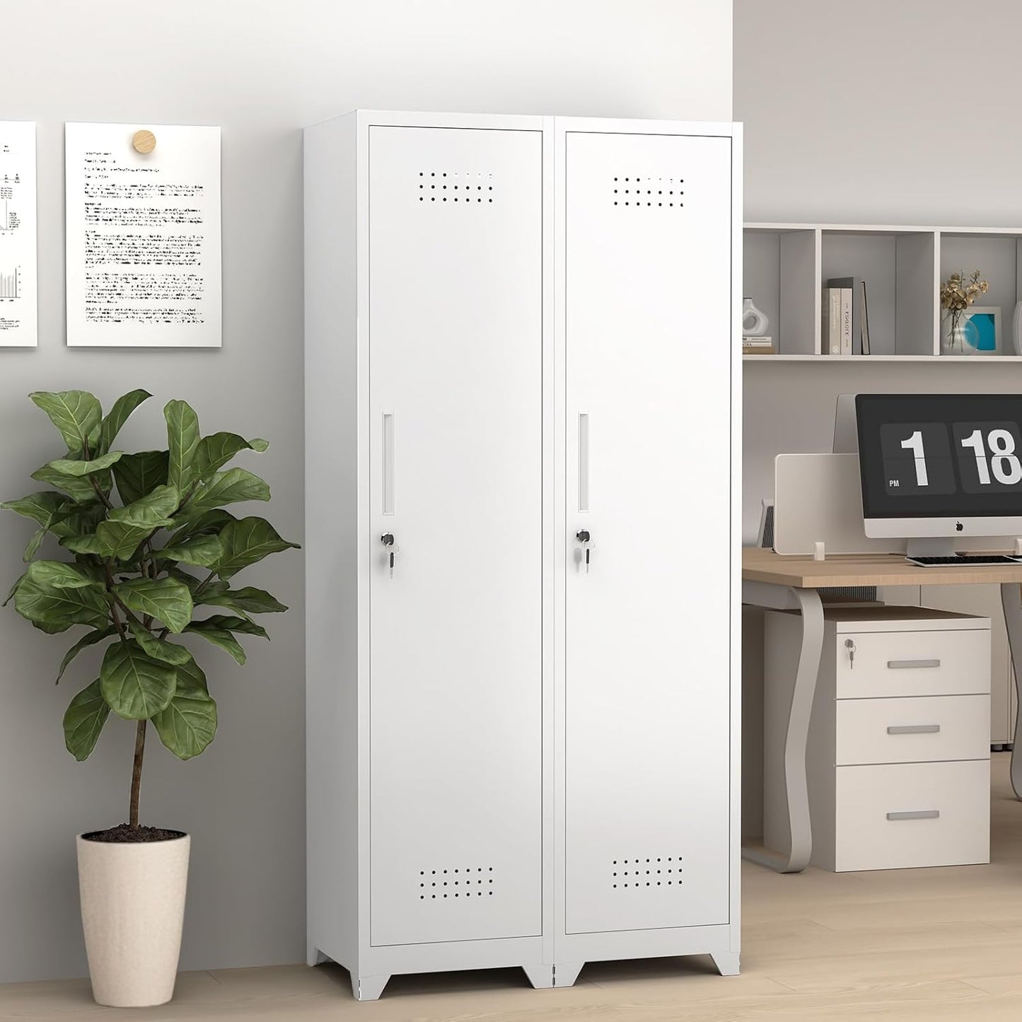 GREATMEET Slim Broom Closet Storage Cabinet, Narrow Utility Closet, 65" Metal Cleaning Supply Storage with Lock and Door,Utility Cabinets for Brooms and Mops for Laundry Room, White