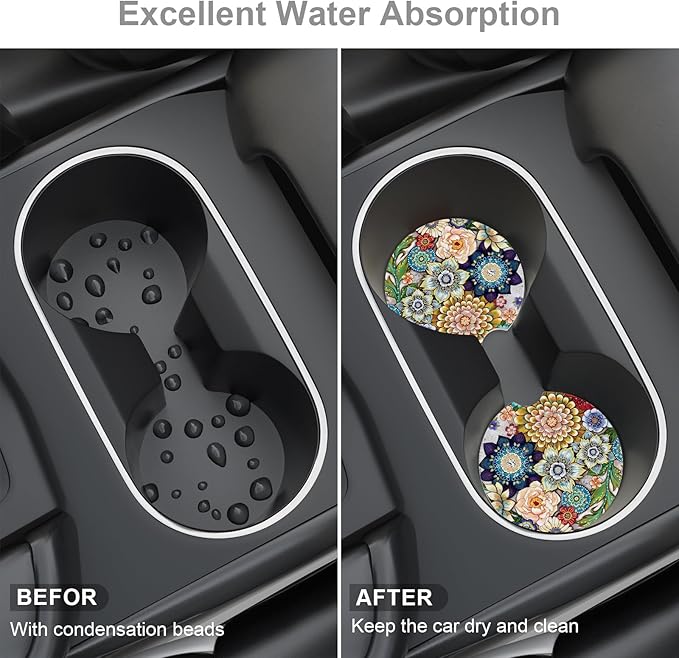 Car Cup Holder Coaster, Car Coasters for Cup Holders, 2 Pack Universal Anti Slip Insert Absorbent Ceramic Auto Interior Accessories with A Finger Notch & Cork Base, Mandala Flowers