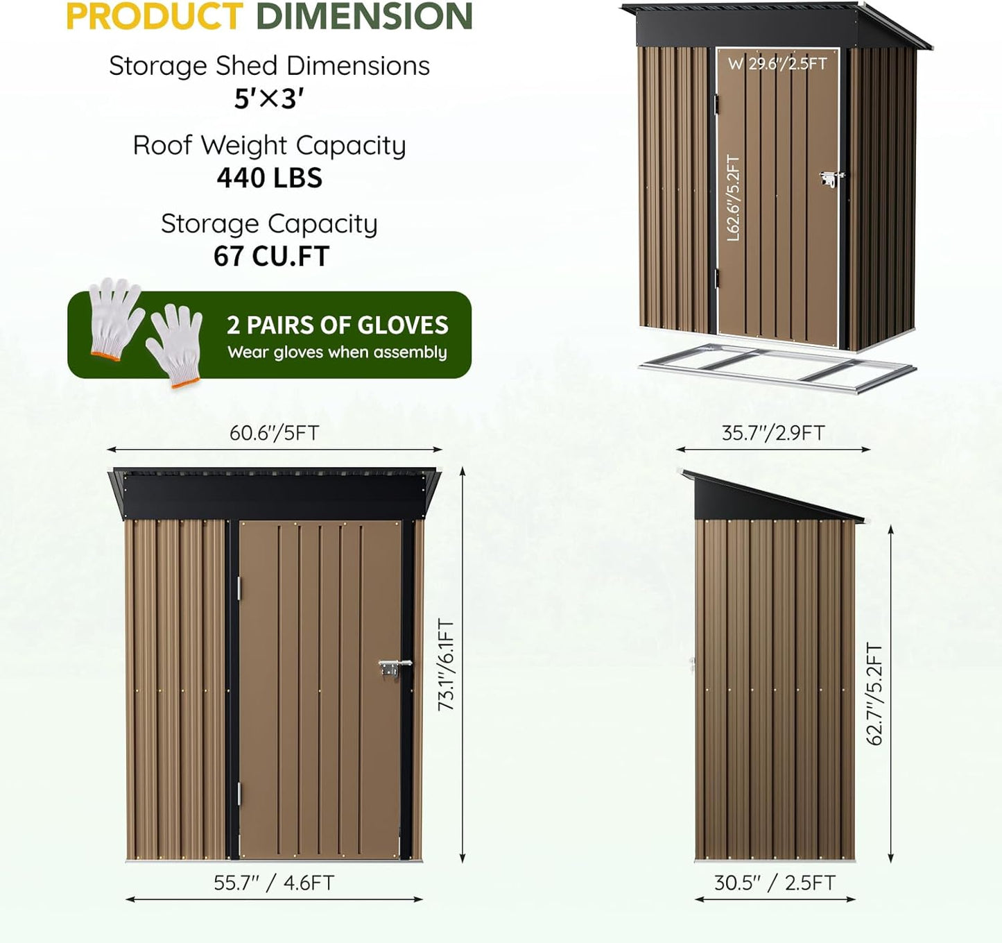 Breezz 5x3FT Vertical Outdoor Steel Storage Shed with Floor Frame, Lockable Doors, Compact Metal Tool Shed for Garden, Backyard, Patio, Utility, and Bike Storage,Brown