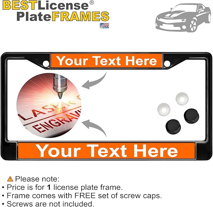 Custom Personalized Black Powder-Coated Metal Laser Engraved Standard Size - Car/Automobile License Plate Frame with Free caps - Orange/White Text (Qty: 1 Frame)