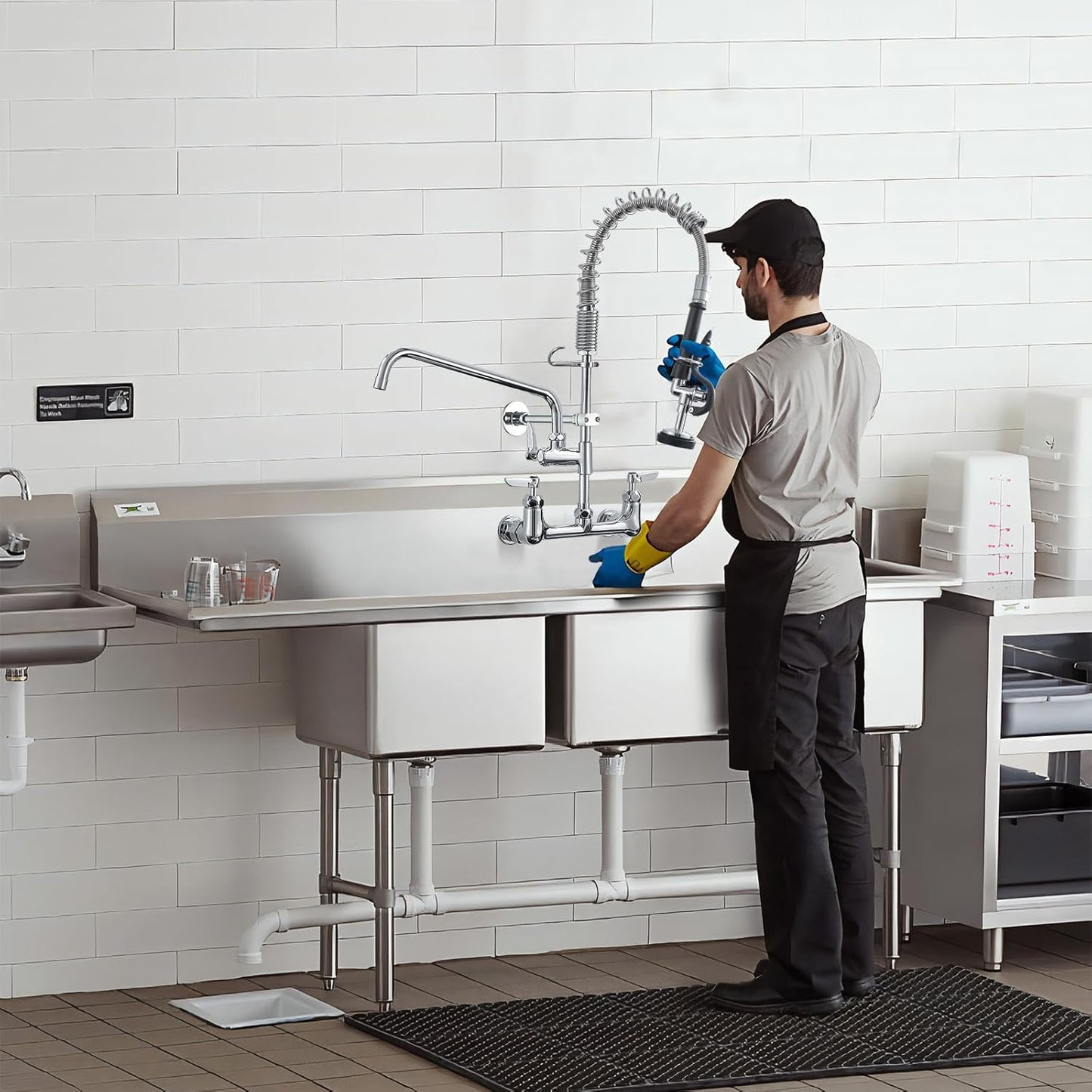 Fapully Commercial Kitchen Faucet,Wall Mount Kitchen Sink Faucet with Pre-Rinse Pull Down Sprayer,25‘’ Height 8'' Center 3 Compartment Sink Faucets with 12.2'' Swing Spout Chrome