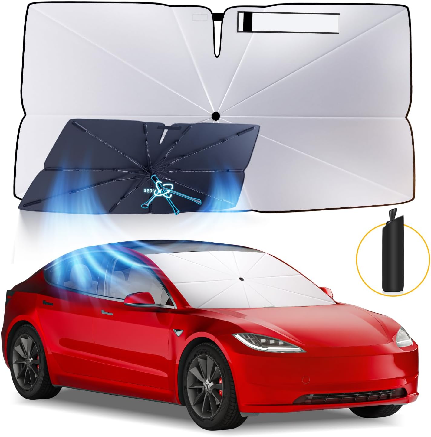 Windshield Sun Shade Umbrella: for Tesla Model3-2016-2023 2024 2025 Model 3 Highland- Front Car Window Shades - Foldable Tesla Model-3 Sunshades Block UV Keep Cool