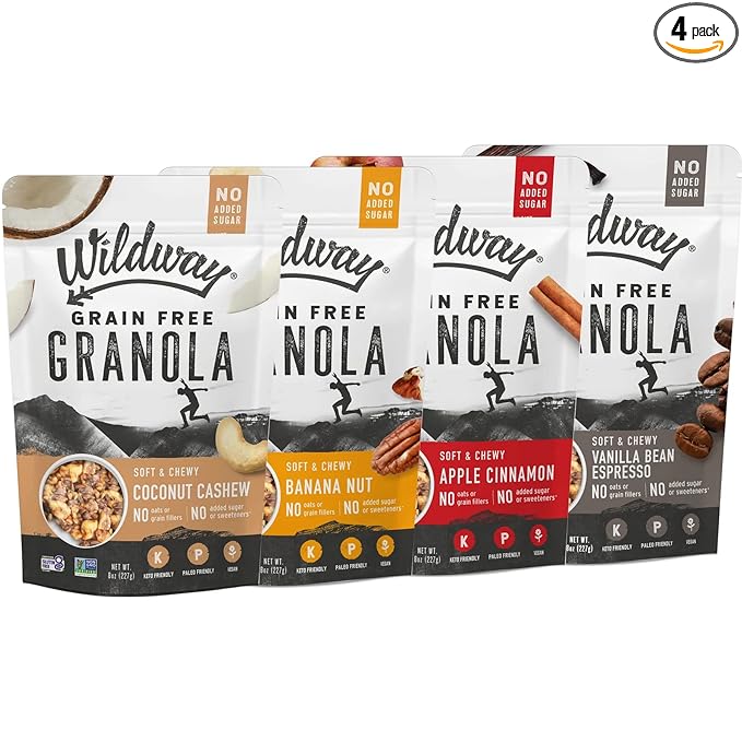 Wildway Keto Granola | Variety Pack | Grain-Free, Certified Gluten-Free Cereal | Vegan, Low Carb | No Sugar Added | Paleo-Friendly | Non-GMO Fruit & Nut Clusters | Nutrient-Rich Snack | 8 oz, 4 Pack