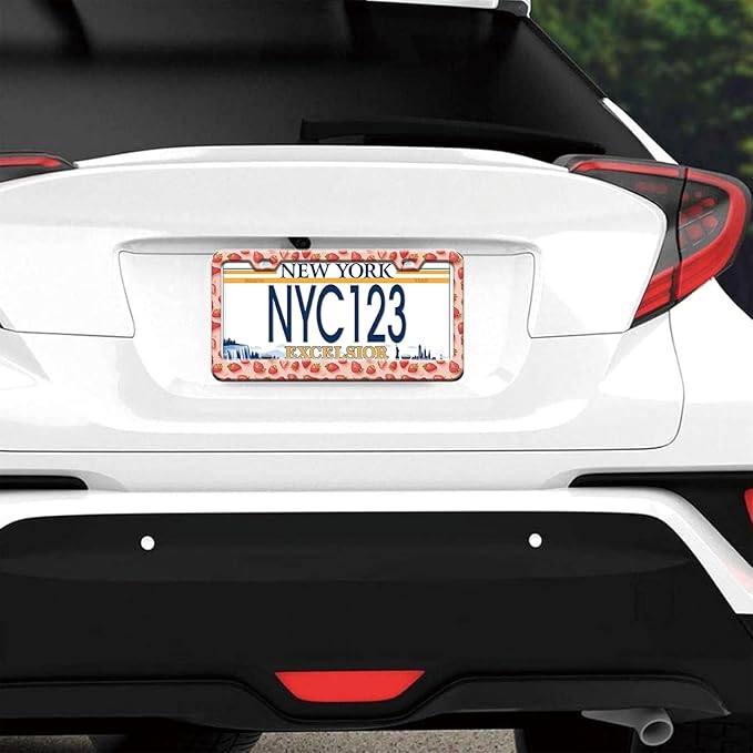 2-Pack Pink Strawberry License Plate Frames, 2 Holes Cute Strawberries Aluminum License Plate Holder for Women Man,Fruit License Plate Cover fits Vehicles 12.3" x 6.3" with Keychain Wrist Lanyard