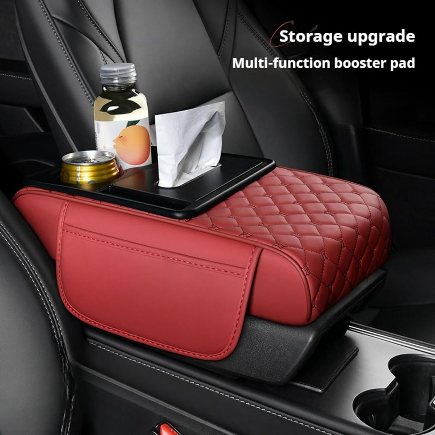 Center Console Cover Organizer, 5-In-1 Arm Rest Cover for Car with Cup Holder & Storage Pocket & Tissue Holder, Armrest Cover Cushion Pad, Grid, Beige