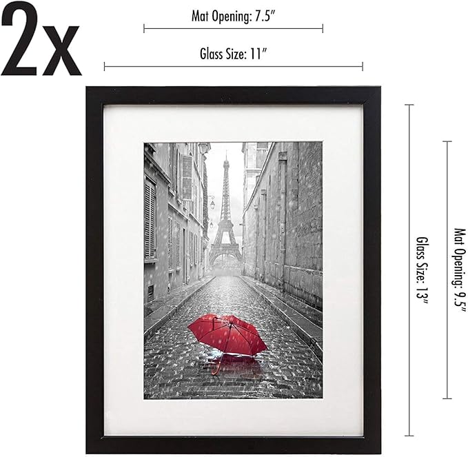 Americanflat 11x13 Picture Frame with Shatter-Resistant Glass - Set of 2 - Use as 8x10 Frame with Mat or Display 11x13 Photo Without Mat - Signature Collection - Picture Frames for Wall - Black