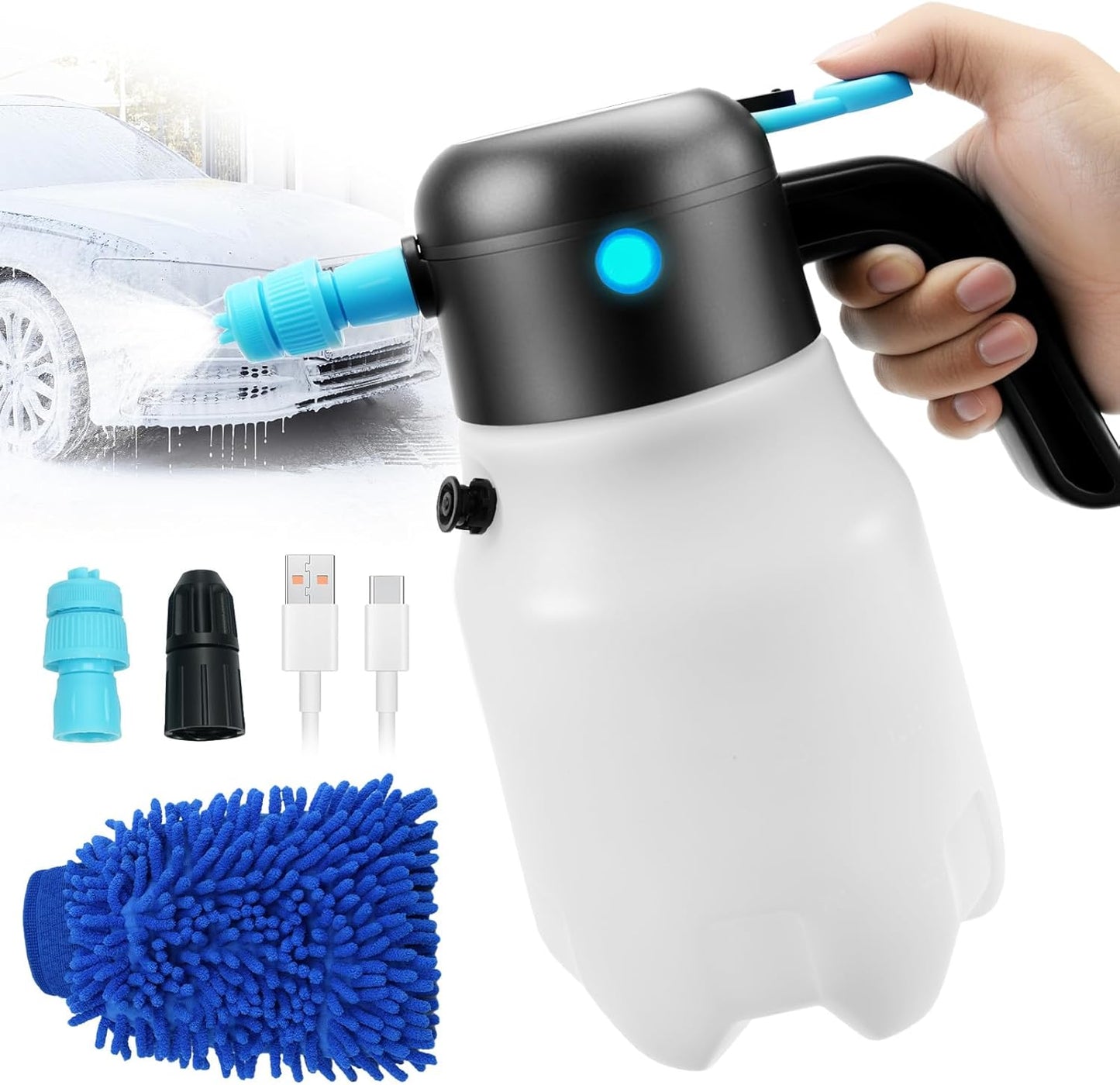 Electric Foam Sprayer Car Wash, 60PSI Foam Sprayer Auto Pressurized with 2 Nozzles(Foam/Water Stream), Built-in 7.4V Pump, 2x2000mAh Battery, for Car Wash, Window Cleaning, Garden&Home Use-68oz/2L