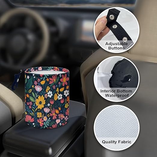 Colorful Flowers Car Garbage Trash Can Collapsible Trash Rubbish Bin Basket Bag Portable Cup Holder Organizer with Strap Universal Storage Bag Box for Front Seat, Back Seat, Floor, Headrest