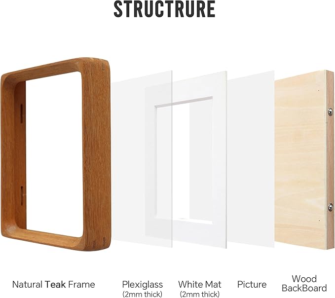 Natural Teak Wood Picture Frame,Picture 3.5x5 with Mat or 4x6 Without Mat,Standing Desk Photo Frame 4 by 6,Plexiglass,Tabletop or Wall Display
