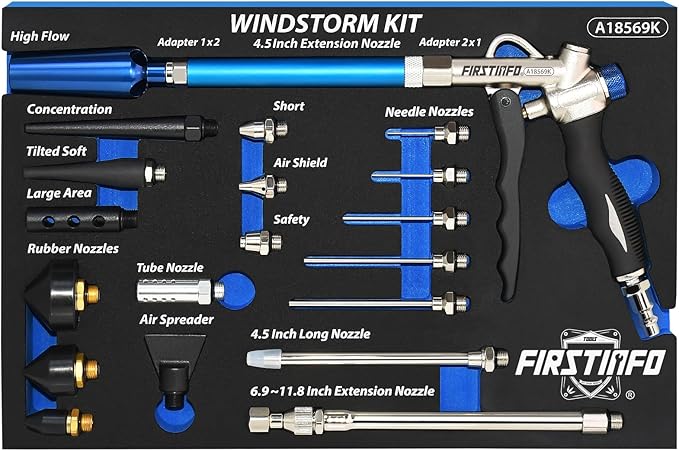 FIRSTINFO TOOLS FIT YOUR NEEDS A18569KUS Adjustable Air Flow | Two-Way Taiwan Air Blow Gun Windstorm Master Kit