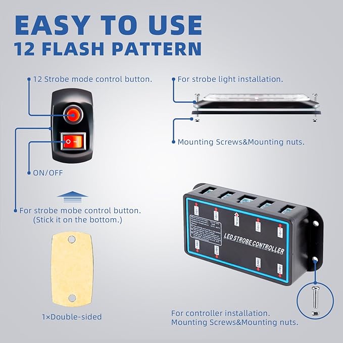 8pcs Sync Feature Emergency Strobe Grille Lights LED Ultra Slim Surface Mount Flashing Hazard Warning Light Bar with Controller for Firefighter/Construction/Trucks/Vehicles/Car (Ren/Blue)